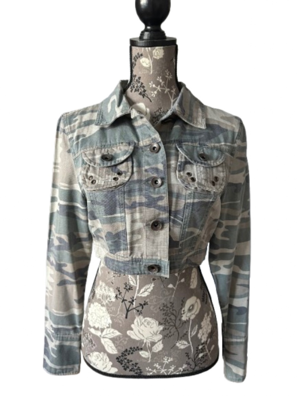 Vintage Star Jeans Women M Camouflage Green & Gray Cotton Cropped Jean Jacket